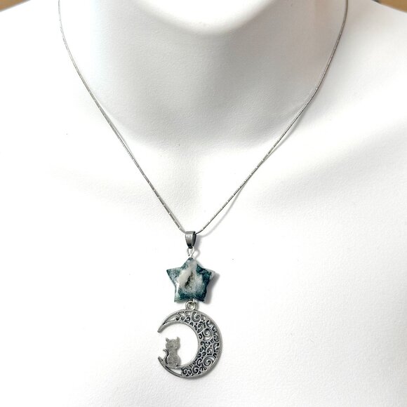 2/$20, Genuine White Green Tree Agate Star & Silver Cat on the Moon Pendant - Picture 7 of 11